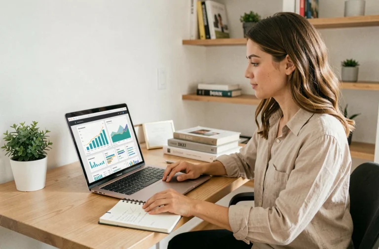 Femme entrepreneur travaillant sur son business en ligne depuis un bureau à domicile moderne avec ordinateur portable et notes manuscrites