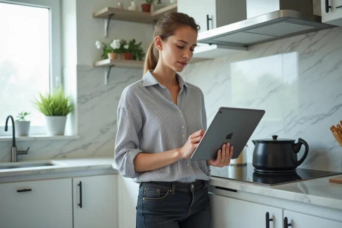 Jeune femme lisant un guide de dépannage sur une tablette dans une cuisine moderne avant de contacter le service client