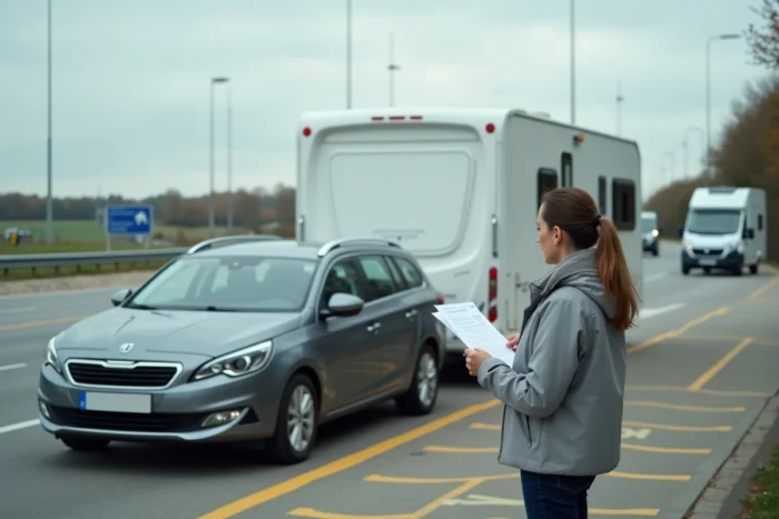 Femme consultant un guide réglementaire sur la longueur maximale des remorques dans une aire d'autoroute française
