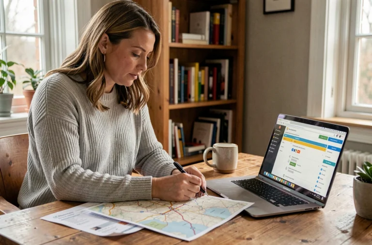 Femme consultant un itinéraire voiture imprimé depuis ViaMichelin sur son bureau à domicile avec un laptop ouvert