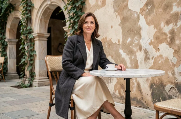 Femme mature en manteau long charbon et robe crème assise en terrasse couverte, allure élégante et raffinée
