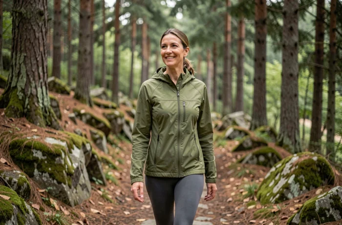 Femme marchant sur un sentier forestier entouré de pins, illustrant un mode de vie sain et actif en pleine nature