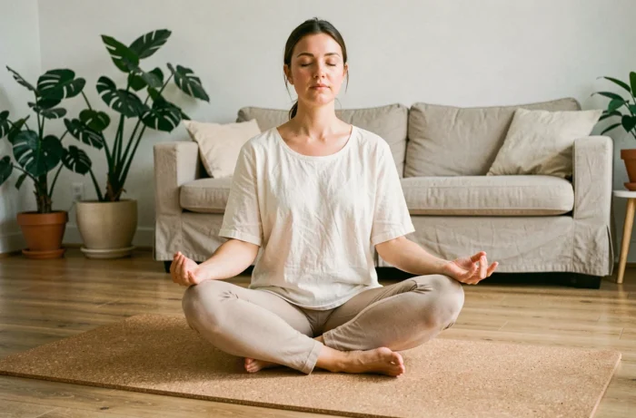 Femme pratiquant la méditation sur un tapis de yoga en liège dans un salon minimaliste aux tons naturels