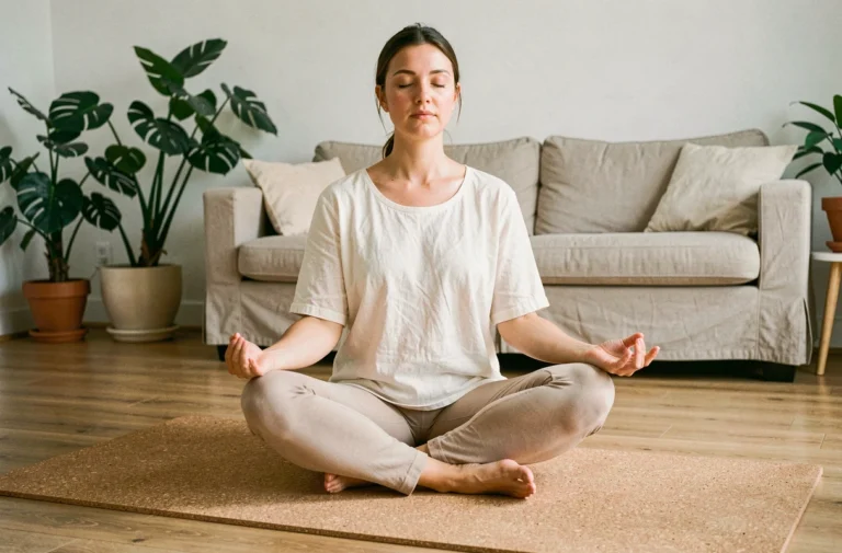 Femme pratiquant la méditation sur un tapis de yoga en liège dans un salon minimaliste aux tons naturels