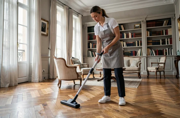 Professionnelle de ménage passant l'aspirateur sur un parquet dans un salon parisien élégant