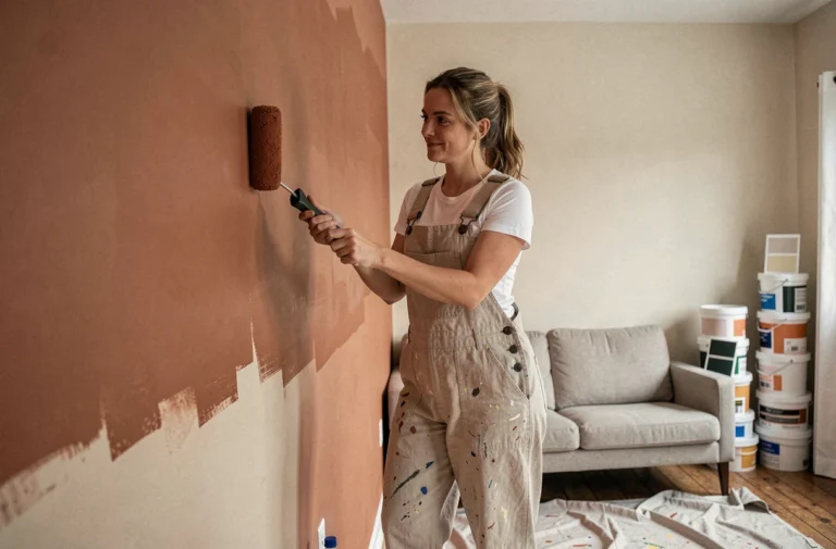 Femme en train de peindre un mur en terracotta dans un salon en cours de rénovation décorative
