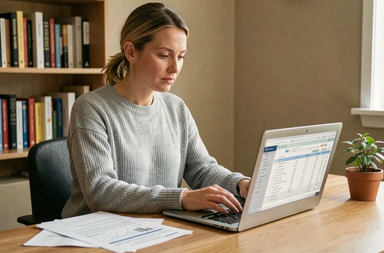 Femme en train de planifier son épargne de 50 000 euros sur un ordinateur portable dans un bureau à domicile