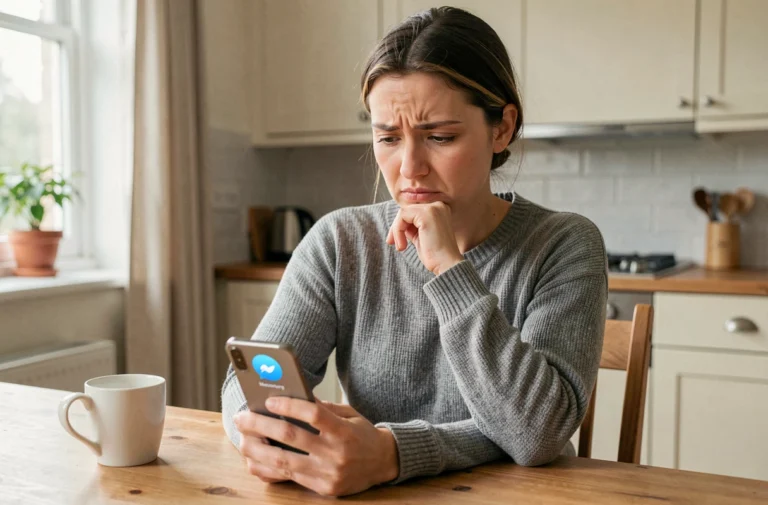 Femme frustrée regardant un message d'erreur sur Messenger depuis son smartphone à la cuisine