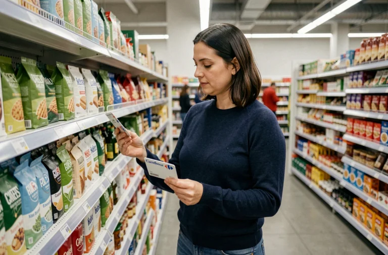 Femme comparant les avantages du programme de fidélité Carrefour Ma Communauté dans un rayon de supermarché