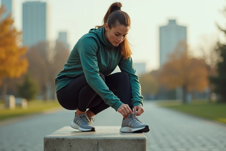 Femme sportive en tenue de running tendance attachant ses chaussures dans un parc urbain à l'automne