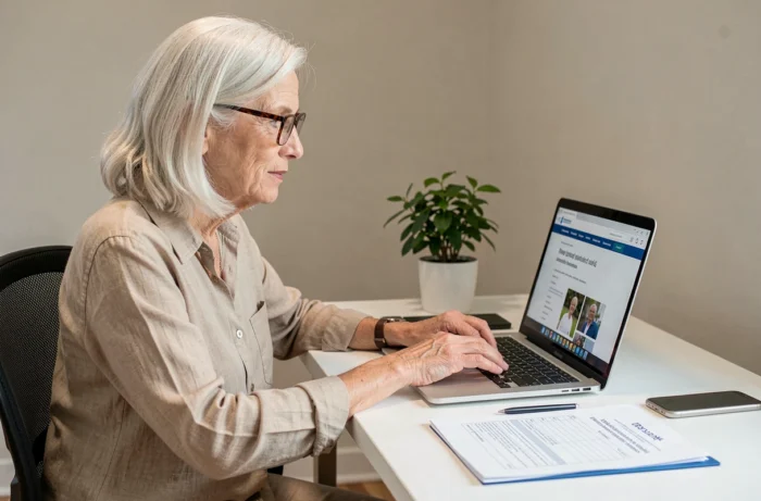 Femme senior effectuant sa demande de carte senior gratuite en ligne sur un ordinateur portable
