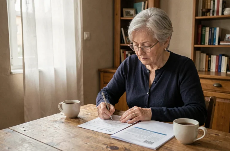 Femme senior remplissant un formulaire de demande de carte senior gratuite dans sa cuisine