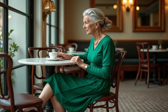 Femme senior élégante de 75 ans en robe mi-longue verte assise dans un café parisien, style mode sophistiqué pour femmes âgées