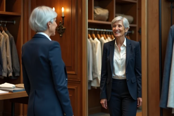Femme senior de 75 ans aux cheveux argentés essayant un blazer marine élégant dans une boutique parisienne, style mode moderne et raffiné