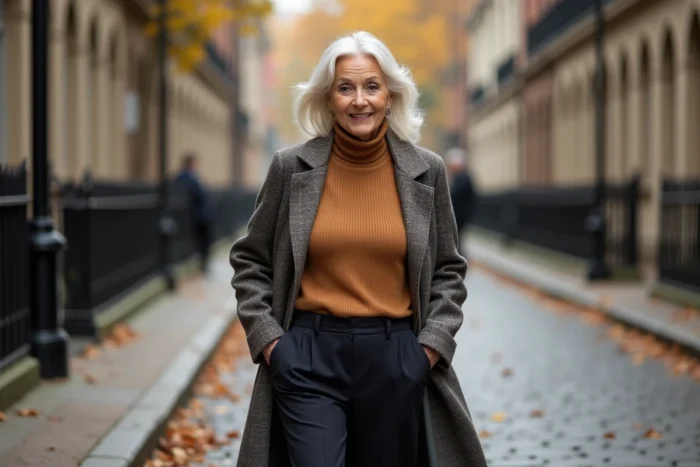 Femme de 75 ans habillée avec élégance en manteau laine et pull cachemire marchant dans une rue pavée d'automne, look senior moderne et chic