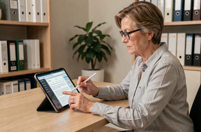 Femme utilisant une tablette pour gérer une tutelle via l'application Mon Proxima dans un bureau à domicile