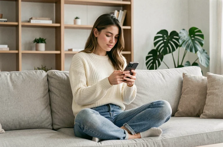 Jeune femme consultant les tendances du web sur smartphone dans un salon moderne et minimaliste