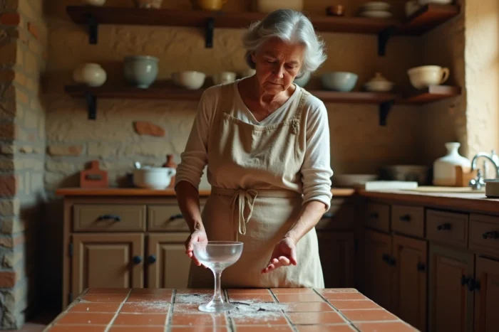 Femme âgée dans une cuisine traditionnelle contemplant un verre cassé au sol, évoquant la superstition et les présages