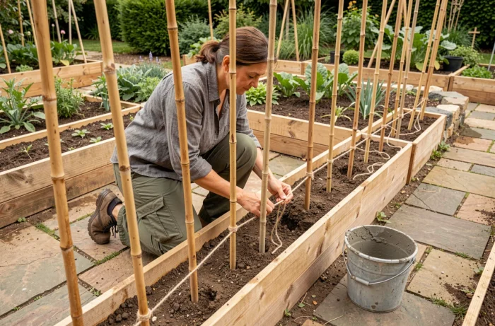 Femme attachant des piquets de bambou en rangée avec de la corde de jute dans un potager surélevé pour les fixer solidement