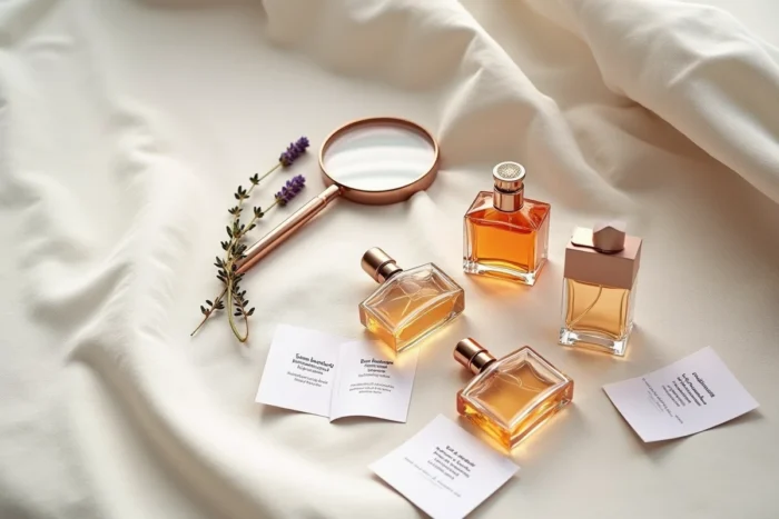 Flat lay de flacons de parfum avec fiches avis clients et guide d'achat sur tissu lin