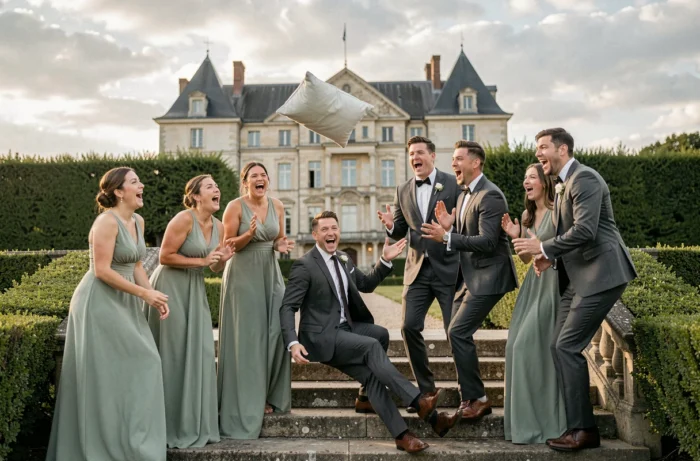 Cortège de mariage hilare après la chute du témoin avec l'anneau qui s'envole sur les marches d'un château