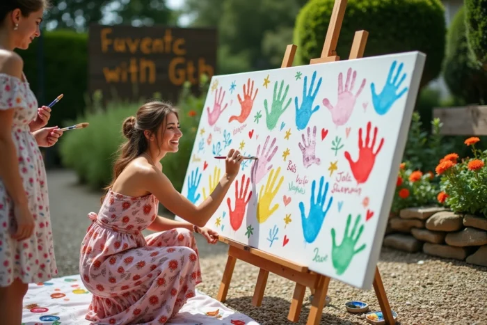 Invitée peignant sa contribution sur une grande fresque collective lors d'une réception de mariage