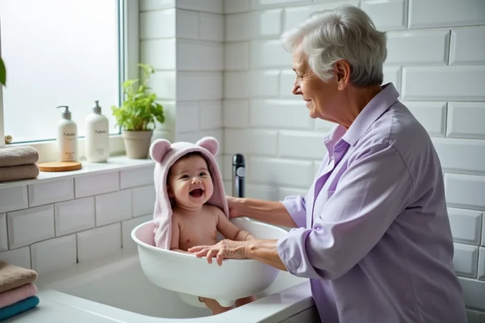 Grand-mère donnant le bain à un bébé souriant dans une baignoire blanche sur un plan de travail de salle de bain