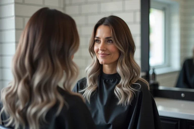 Femme aux cheveux bruns avec un grey blending naturel assise dans un fauteuil de salon de coiffure moderne