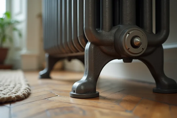 Gros plan d'un pied réglable en acier brossé installé sous un radiateur en fonte sur parquet sans fixation murale