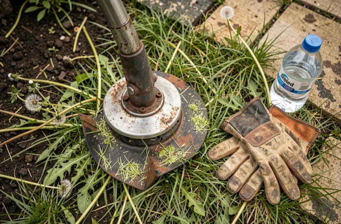 Gros plan sur la tête de coupe d'une débroussailleuse posée dans l'herbe avec des gants de jardinage et une bouteille d'eau, ambiance pause chantier