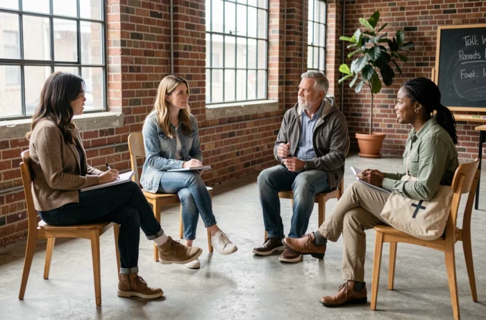 Groupe de quatre adultes de diverses origines en discussion ouverte dans un centre communautaire, illustrant le dialogue interconvictionnel et la rencontre autour de valeurs communes