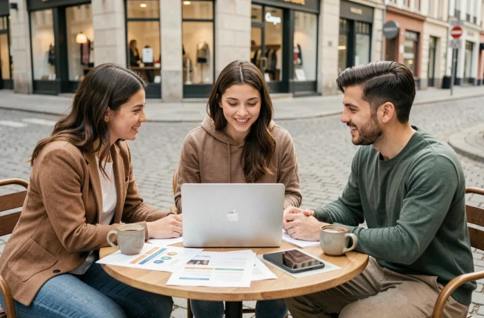 Groupe de jeunes entrepreneurs en réunion informelle en terrasse urbaine consultant des ressources imprimées et un ordinateur portable pour développer leur business en ligne