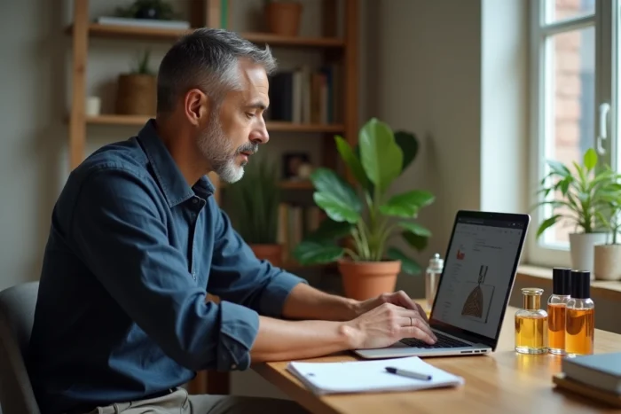 Homme comparant des parfums en ligne depuis son bureau à domicile avec avis clients