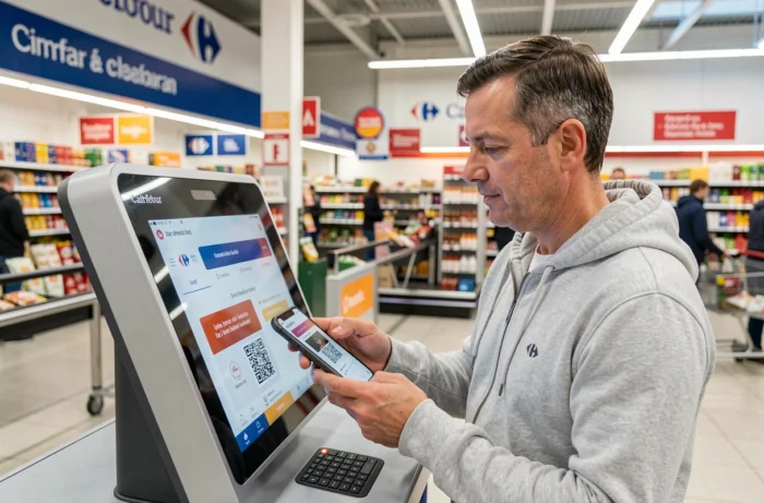 Homme utilisant l'application Mon Avis le Rend Gratuit sur smartphone à une caisse automatique Carrefour