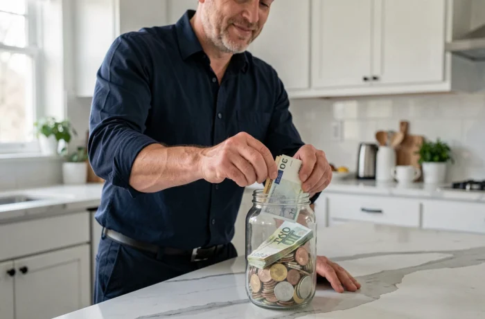 Homme déposant des euros dans un bocal en verre symbolisant l'épargne progressive vers 50 000 euros