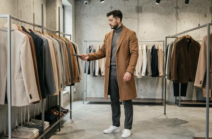 Homme stylé en manteau camel feuilletant des vêtements dans une boutique de mode masculine moderne, pour illustrer les conseils de choix vestimentaire