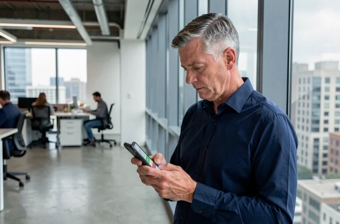 Homme en bureau moderne scrutant son smartphone affichant une application de messagerie IA, évoquant les enjeux de confidentialité et de durée de conservation des données