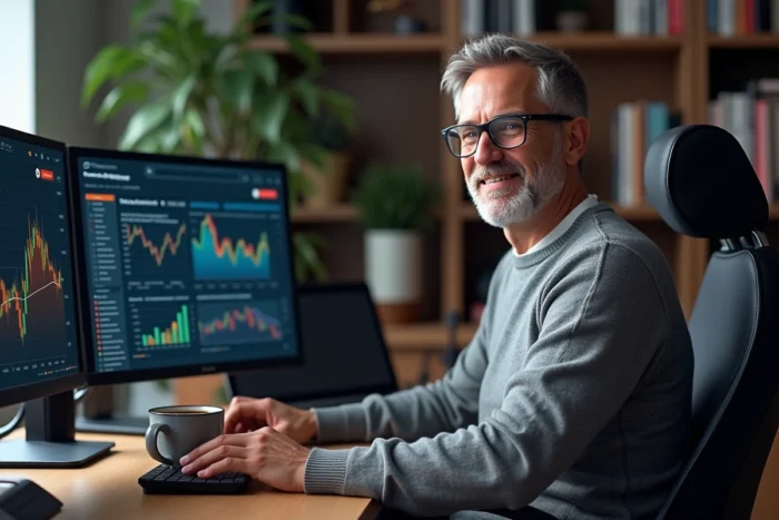 Homme accédant à des données financières à jour sur deux écrans dans un bureau à domicile bien équipé