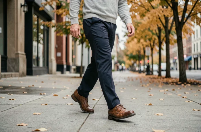 Homme marchant en ville avec des chaussures Scholl ergonomiques pour le soutien du pied