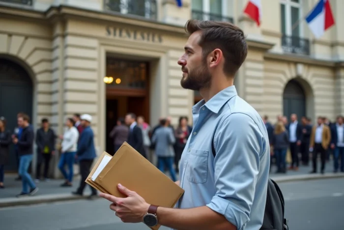 Homme devant le consulat français tenant une enveloppe de documents pour obtenir un visa