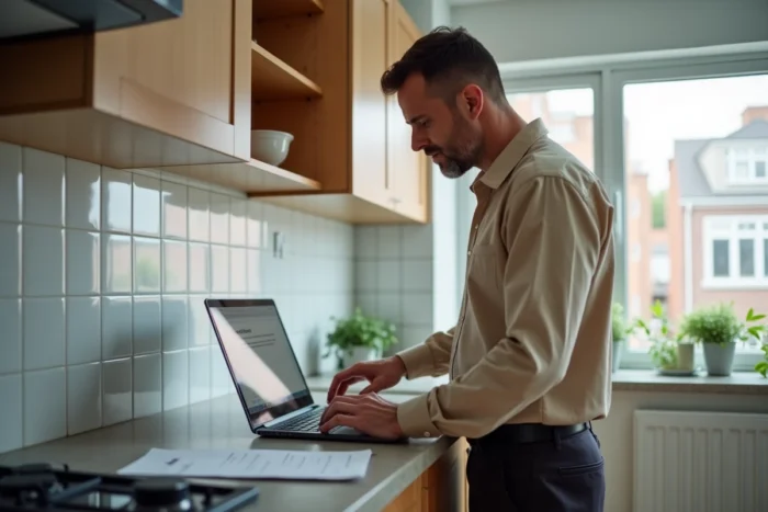 Homme consultant un site internet de bailleur social sur ordinateur portable après avoir reçu un avis favorable de commission d'attribution de logement