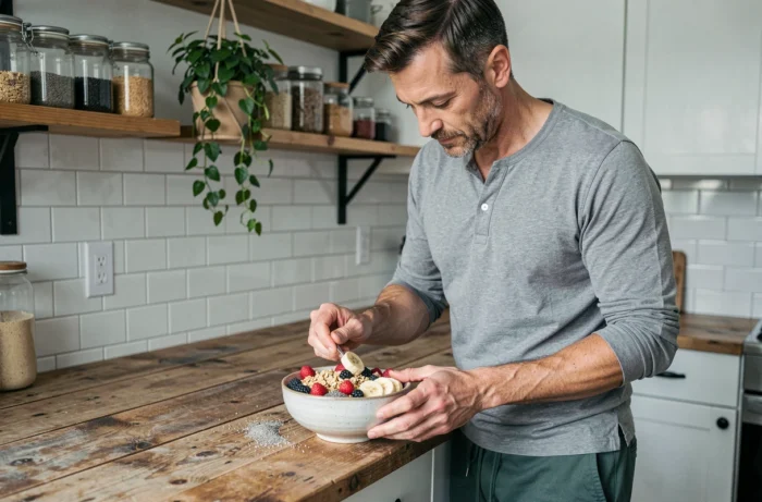 Homme préparant un bol de smoothie aux fruits frais dans une cuisine naturelle et artisanale