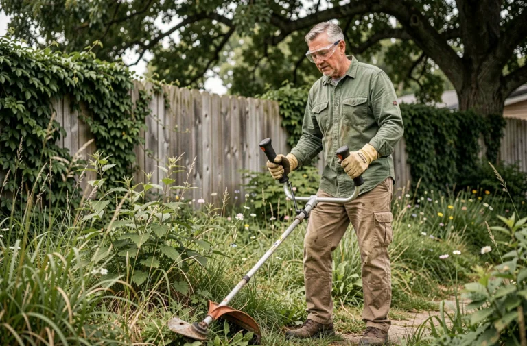 Homme utilisant une débroussailleuse thermique pour entretenir les bordures d'un jardin envahi par les mauvaises herbes