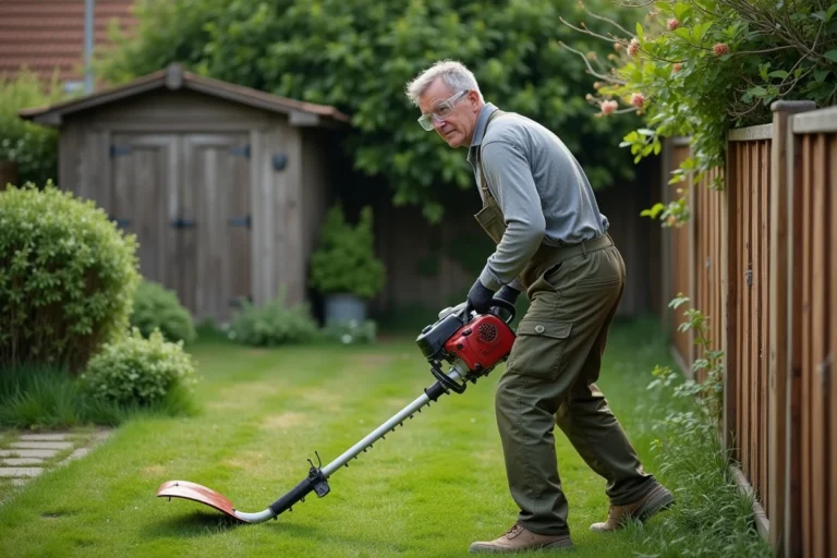 Homme utilisant une débroussailleuse thermique pour entretenir un jardin suburban avec une clôture en bois