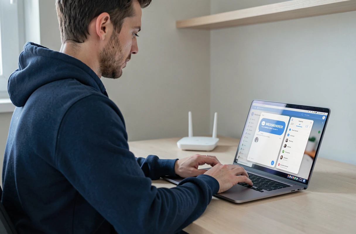 Homme résolvant un problème de connexion réseau sur Messenger depuis son ordinateur portable à domicile
