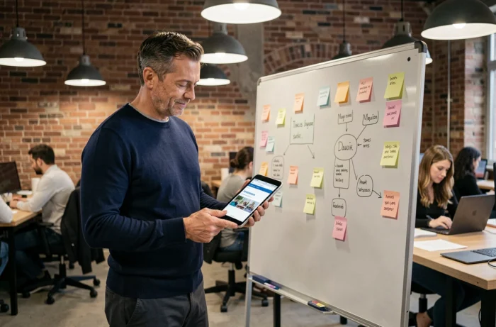 Homme entrepreneur dans un espace de co-working présentant une stratégie de développement de business en ligne sur tableau blanc et tablette