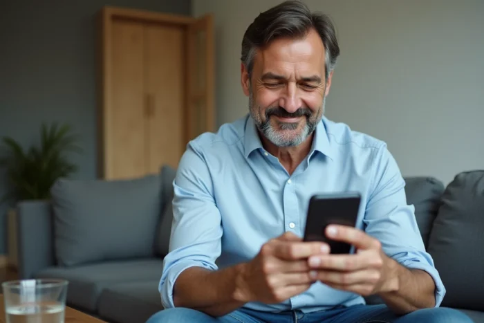 Homme consultant la FAQ du service client CNCres sur son smartphone dans un salon moderne