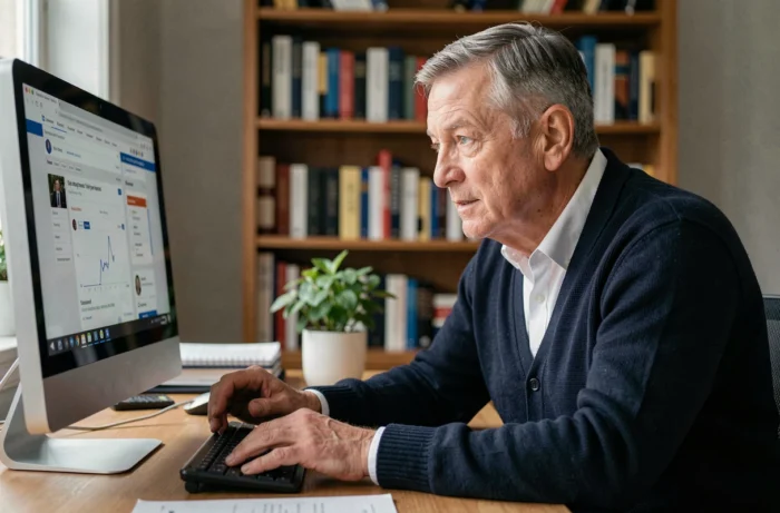 Homme senior consultant un forum santé sur ordinateur à son bureau, recherchant des avis authentiques sur un produit pour les articulations