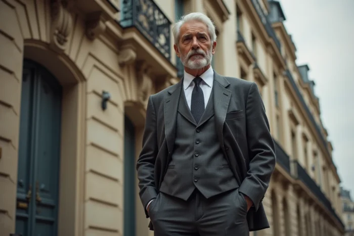 Homme élégant en costume gris devant un immeuble haussmannien parisien, angle légèrement bas mettant en valeur sa grande taille