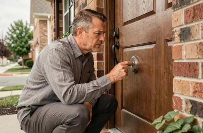 Homme inspectant un verrou à clé sur une porte d'entrée extérieure en bois